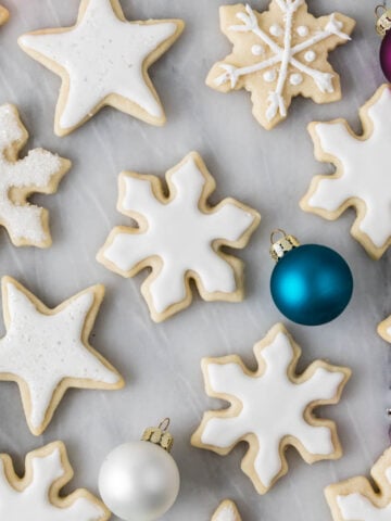 overhead of frosted no-chill sugar cookies showcasing sharp defined edges