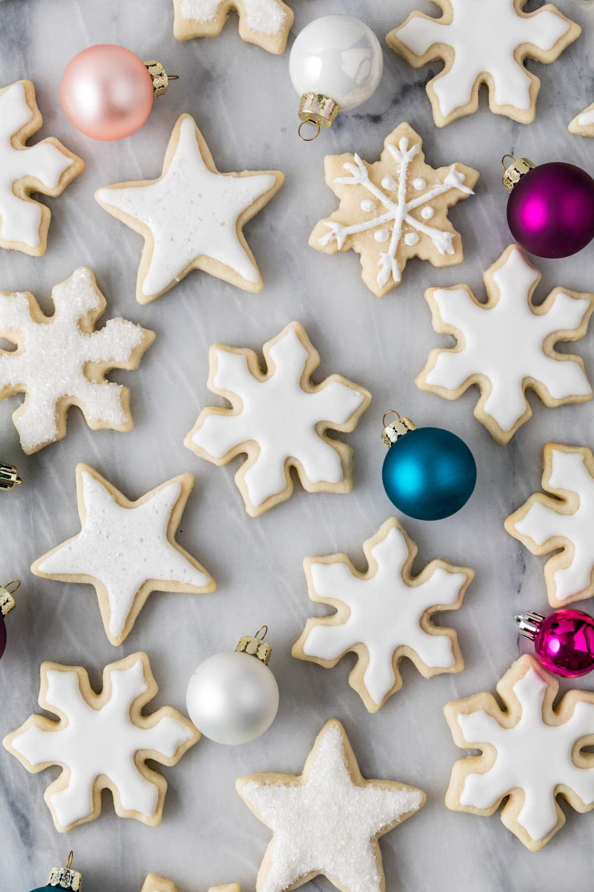 overhead of frosted no-chill sugar cookies showcasing sharp defined edges