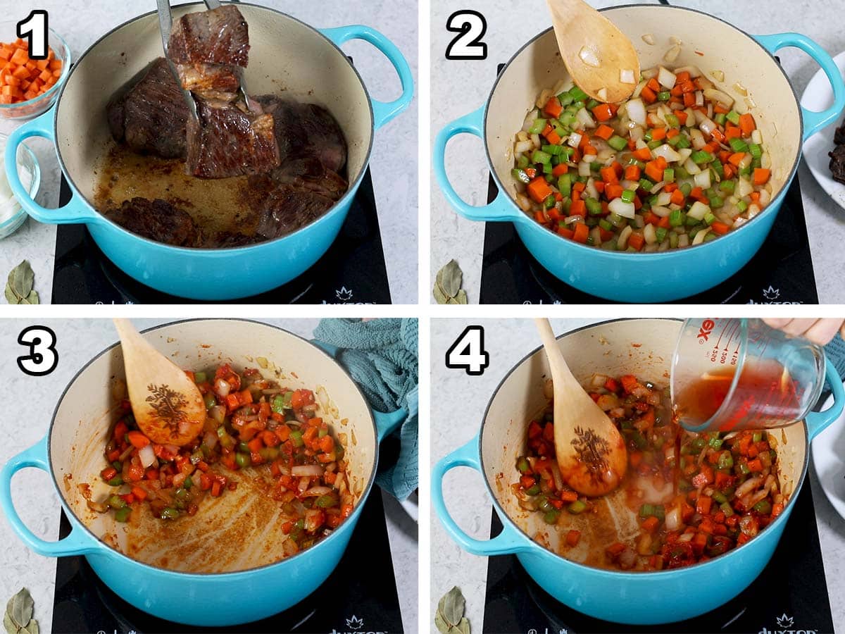Collage of four photos showing beef searing in a pot before being removed so veggies can be added.