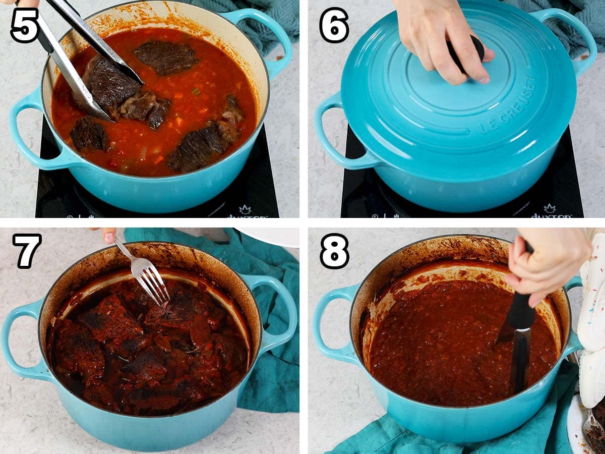 Collage of four photos showing beef being added to a tomato sauce, covered, and baked until tender.