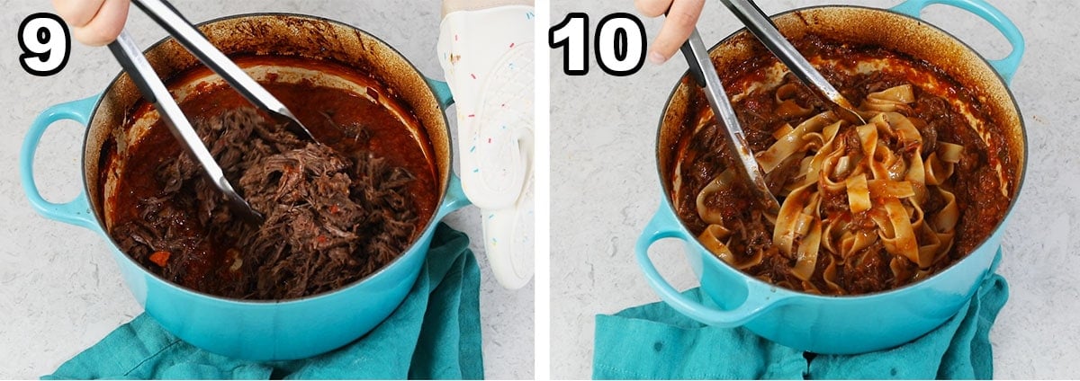 Collage of two photos shredded beef being added to a pot of tomato sauce and tossed with wide pasta noodles.