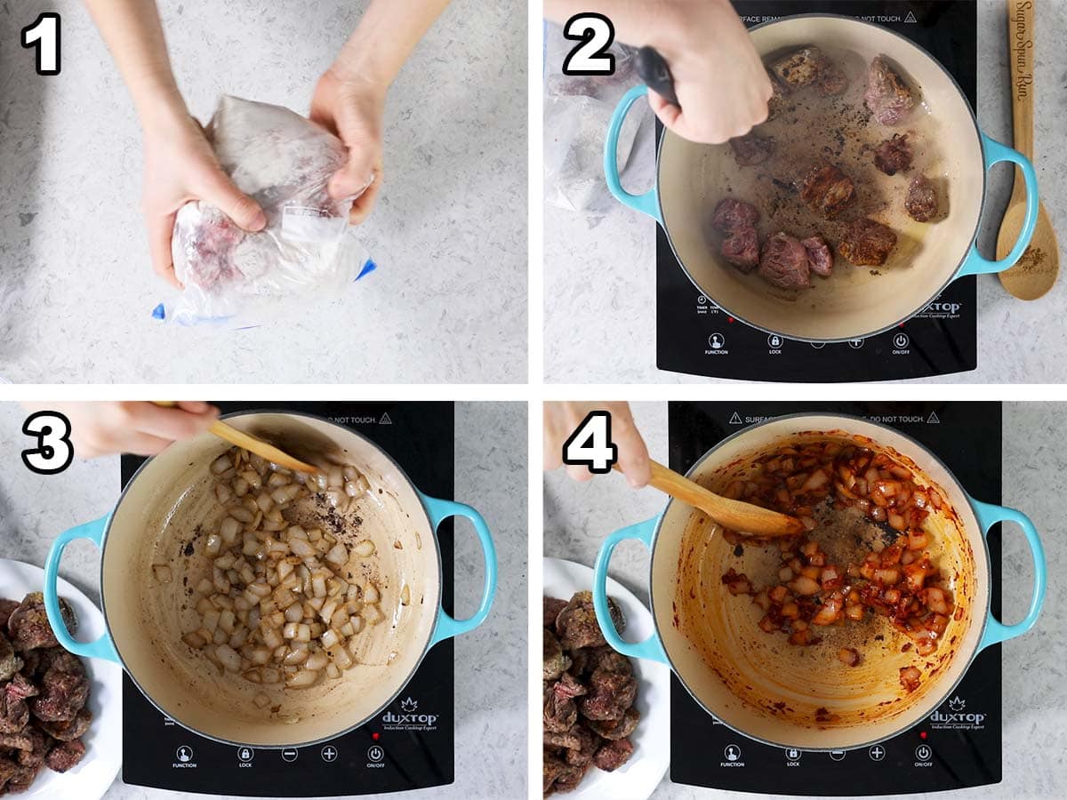 Collage of four photos showing beef being browned in a pot.