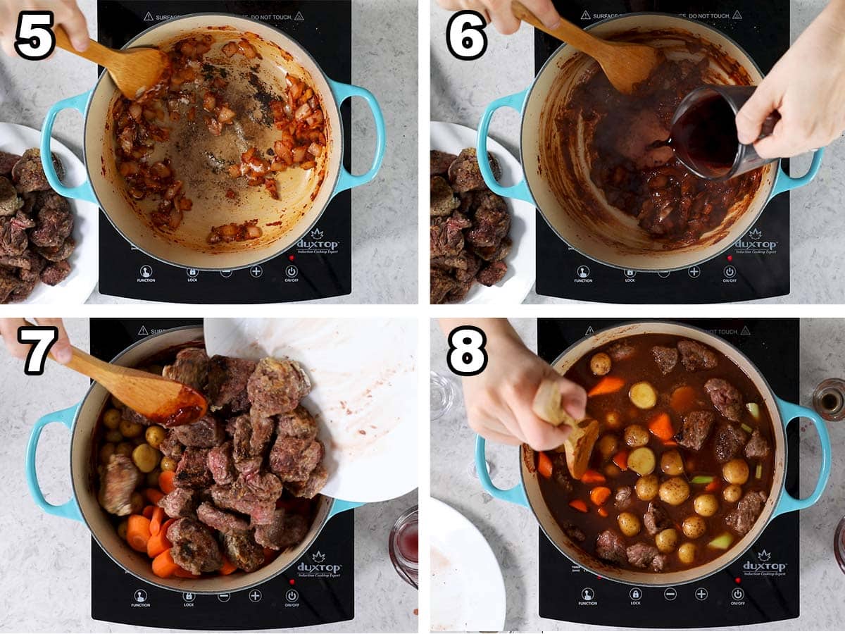 Collage of four photos showing vegetables and beef being added to a dutch oven.