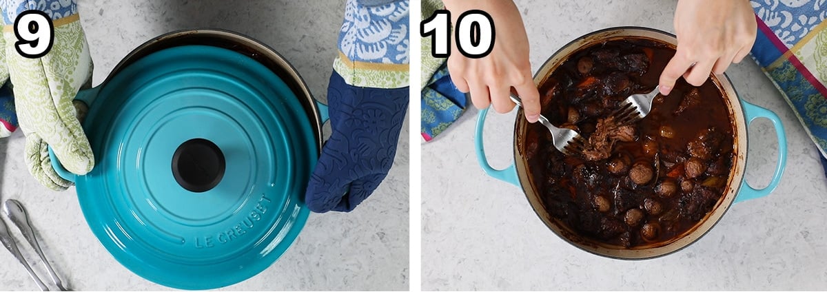 Collage of two photos showing the lid being removed from a dutch oven to show tender beef after roasting.