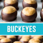 collage of buckeyes, top image is a close up of buckeyes neatly lined up. Bottom image is a close up of single buckeye with some surrounding it.