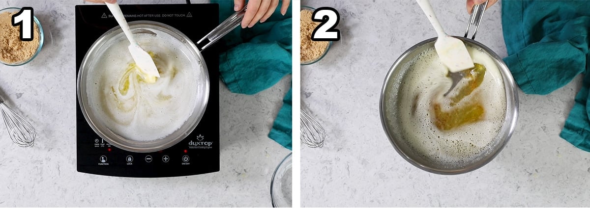 Collage of two photos showing butter being browned on the stove.