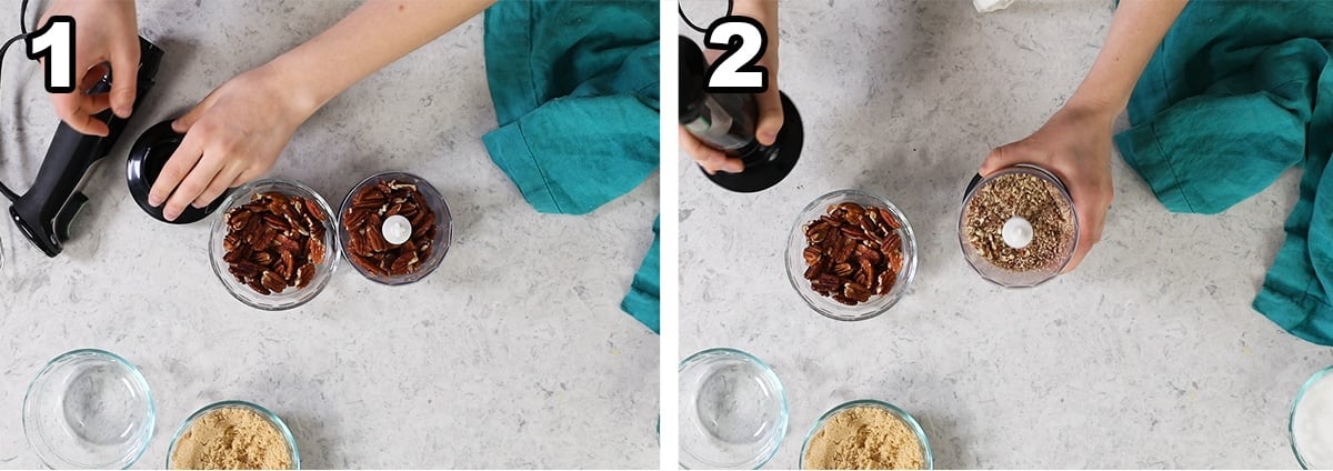 Collage of two photos showing pecans being finely chopped in a food processor.