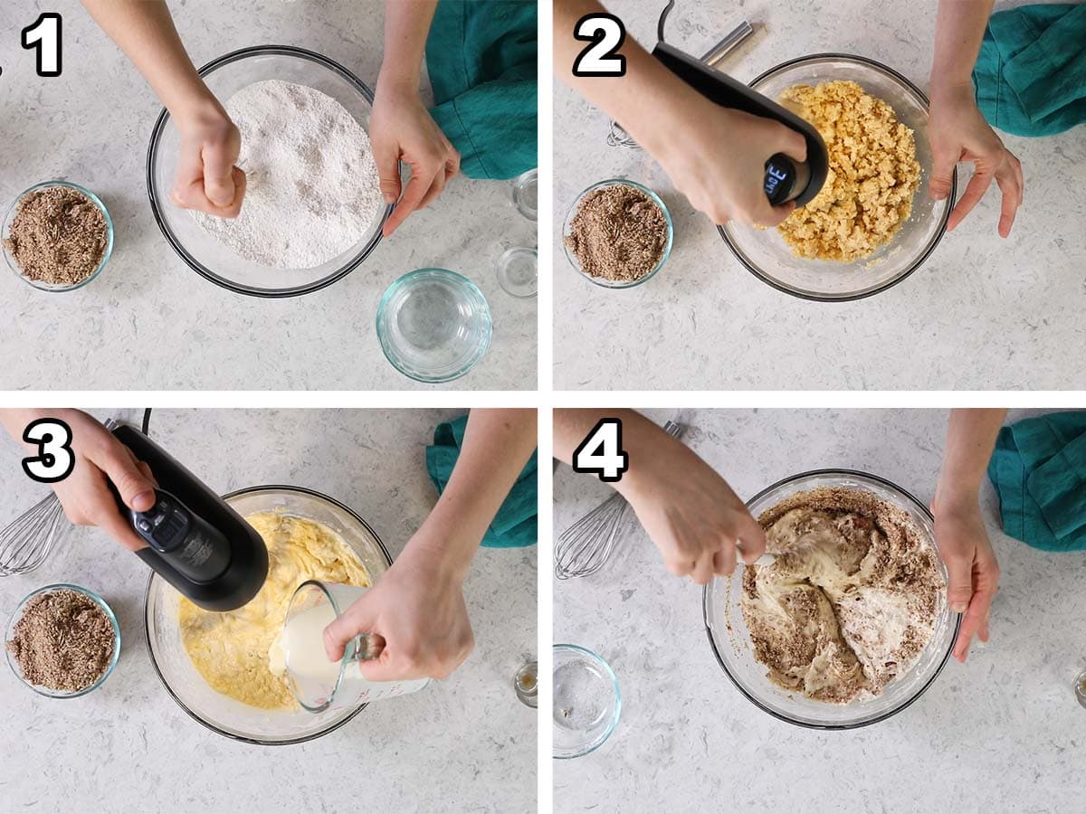 Collage of four photos showing cake batter being prepared using the reverse creaming method.