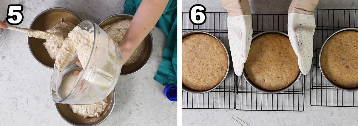 Collage of two photos showing cake batter being portioned into three pans and baked.