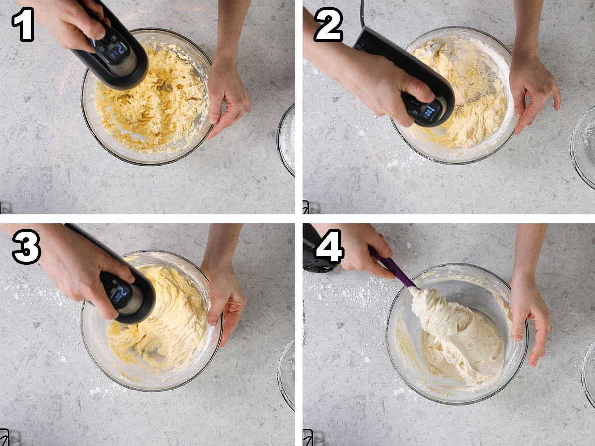 Collage of four photos showing frosting being prepared.