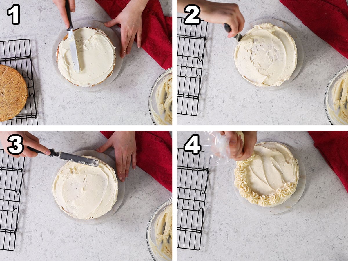 Collage of four photos showing a cake being frosted.