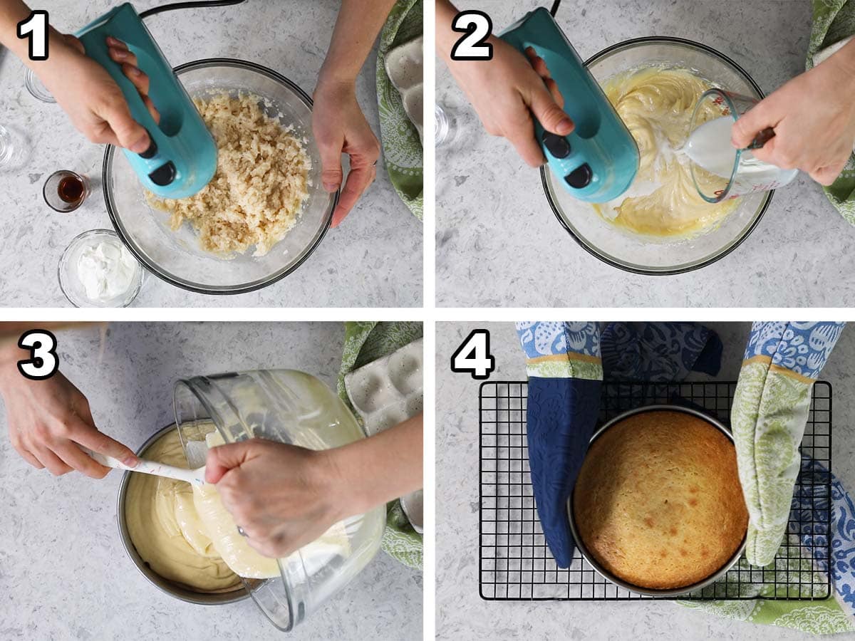 Collage of four photos showing a yellow cake being prepared and baked in a round pan.