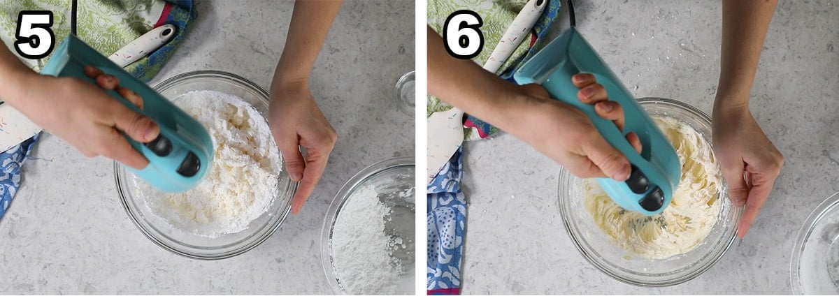 Collage of two photos showing buttercream frosting being prepared.