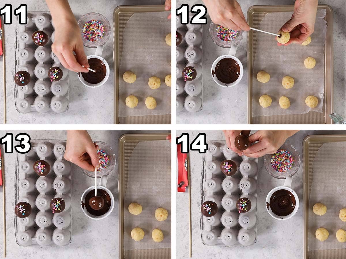 Collage of four photos showing cake balls being pierced with a stick before being dipped in chocolate and decorated with sprinkles.