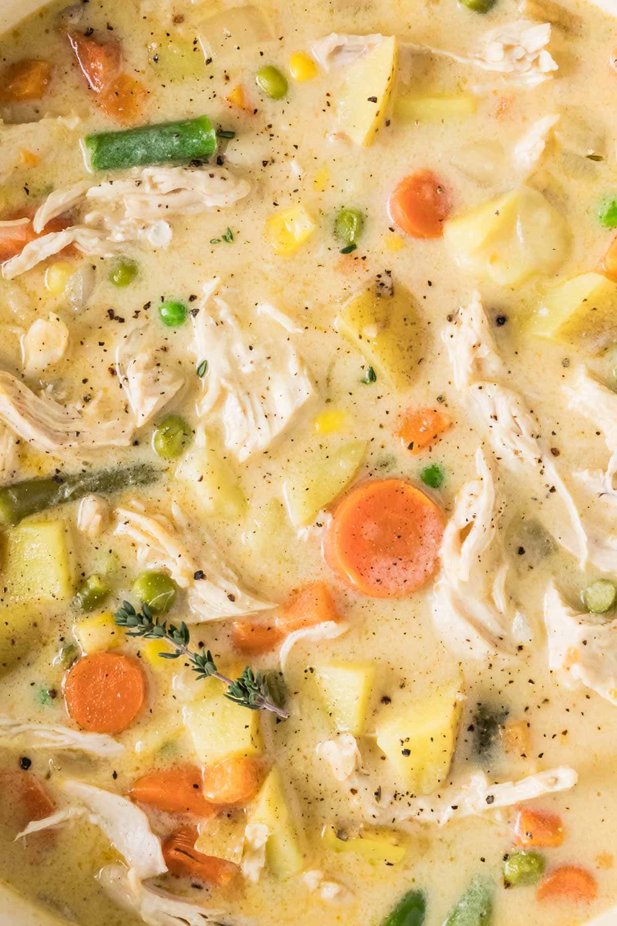 Close-up view of chicken pot pie soup with shredded chicken, carrots, potatoes, green beans, and other veggies.