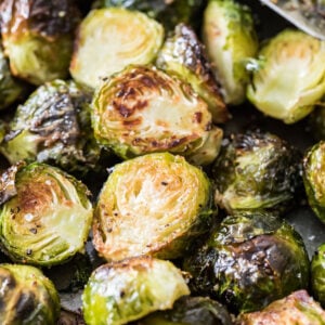 Close-up shot of roasted brussels sprouts.