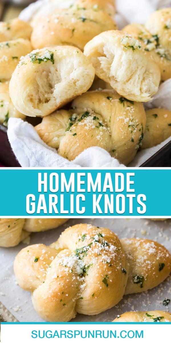 collage of homemade garlic knots, top image of knots in basket with one broken open, bottom image of single knot close up