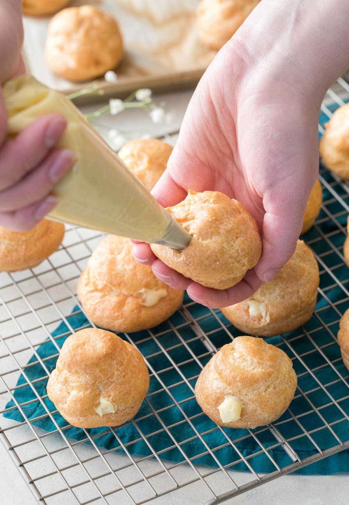 Pastry bag filling choux buns with pastry cream.