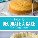 collage on how to decorate a cake, top image of cake being leveled, bottom image of decorated cake