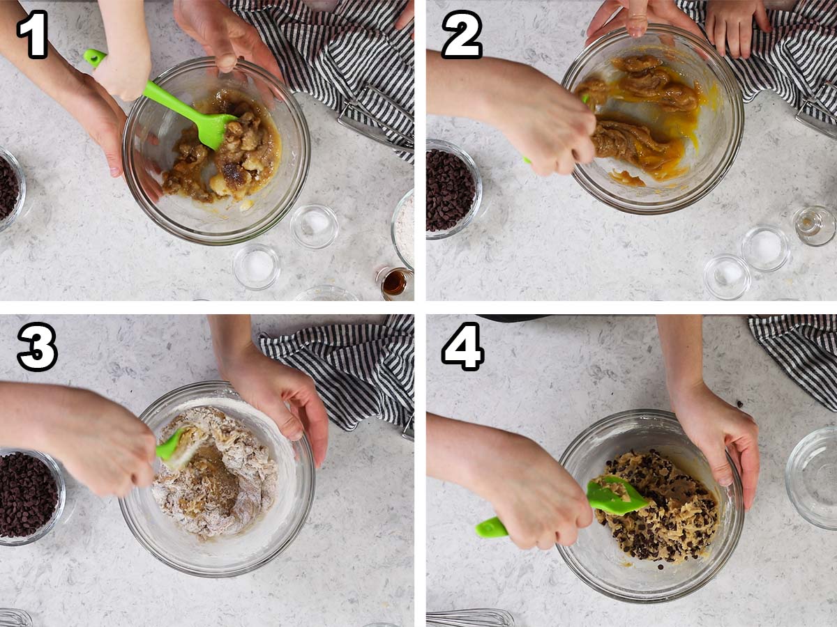 Collage of four photos showing chocolate chip cookie dough being prepared.