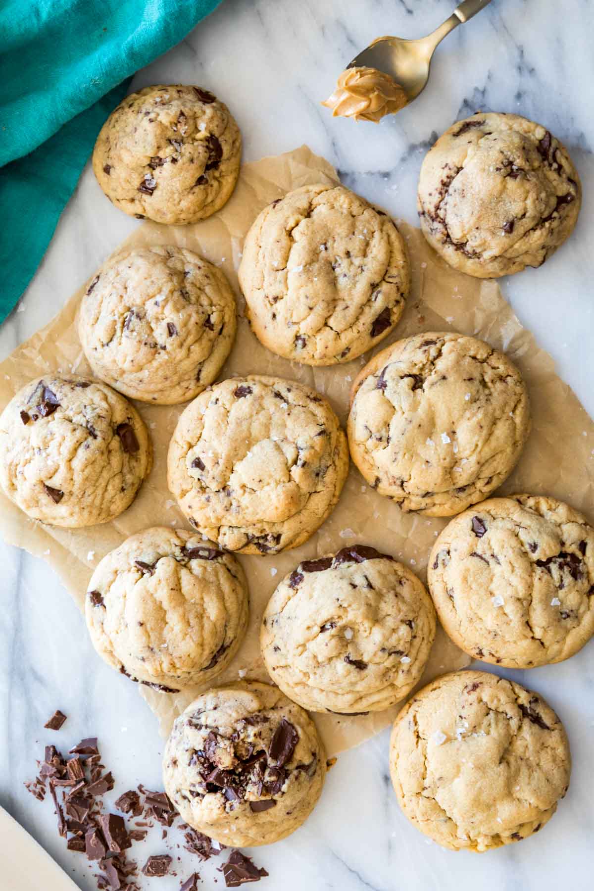 Overhead view of thick peanut butter cookies with chocolate chunks throughout.