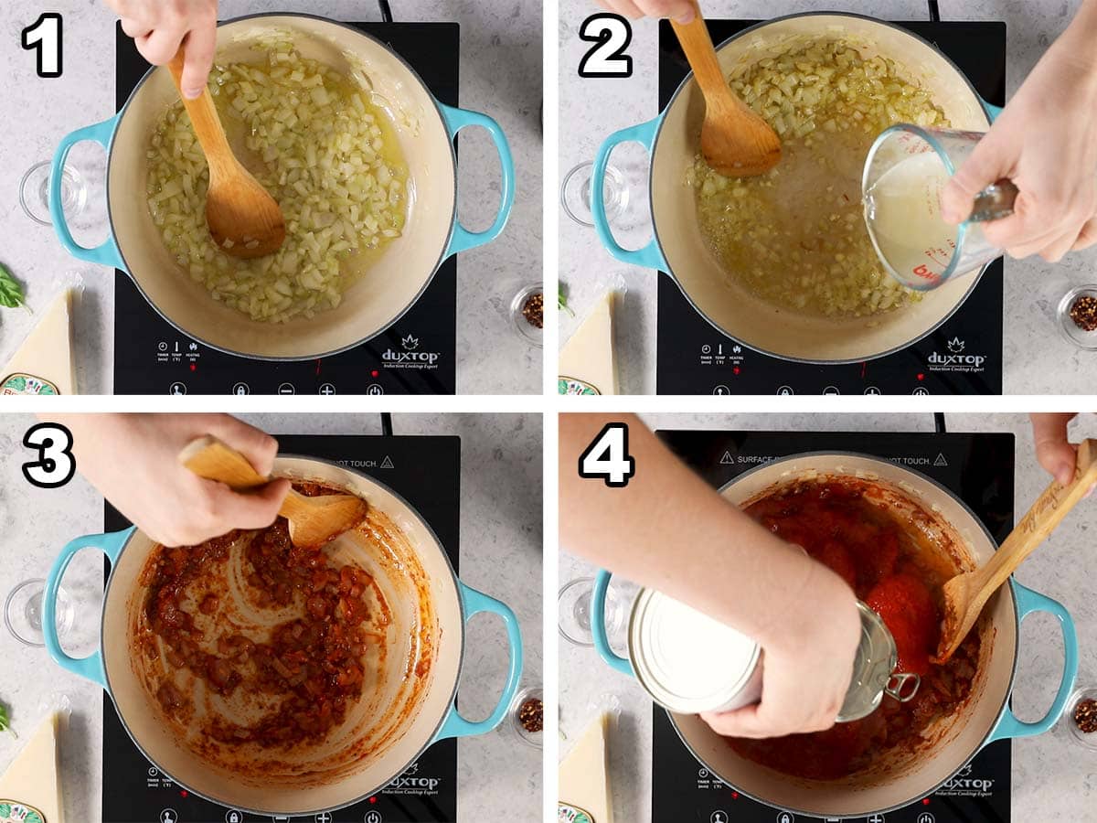 Collage of four photos showing onions being cooked and combined with tomatoes to make a pasta sauce.