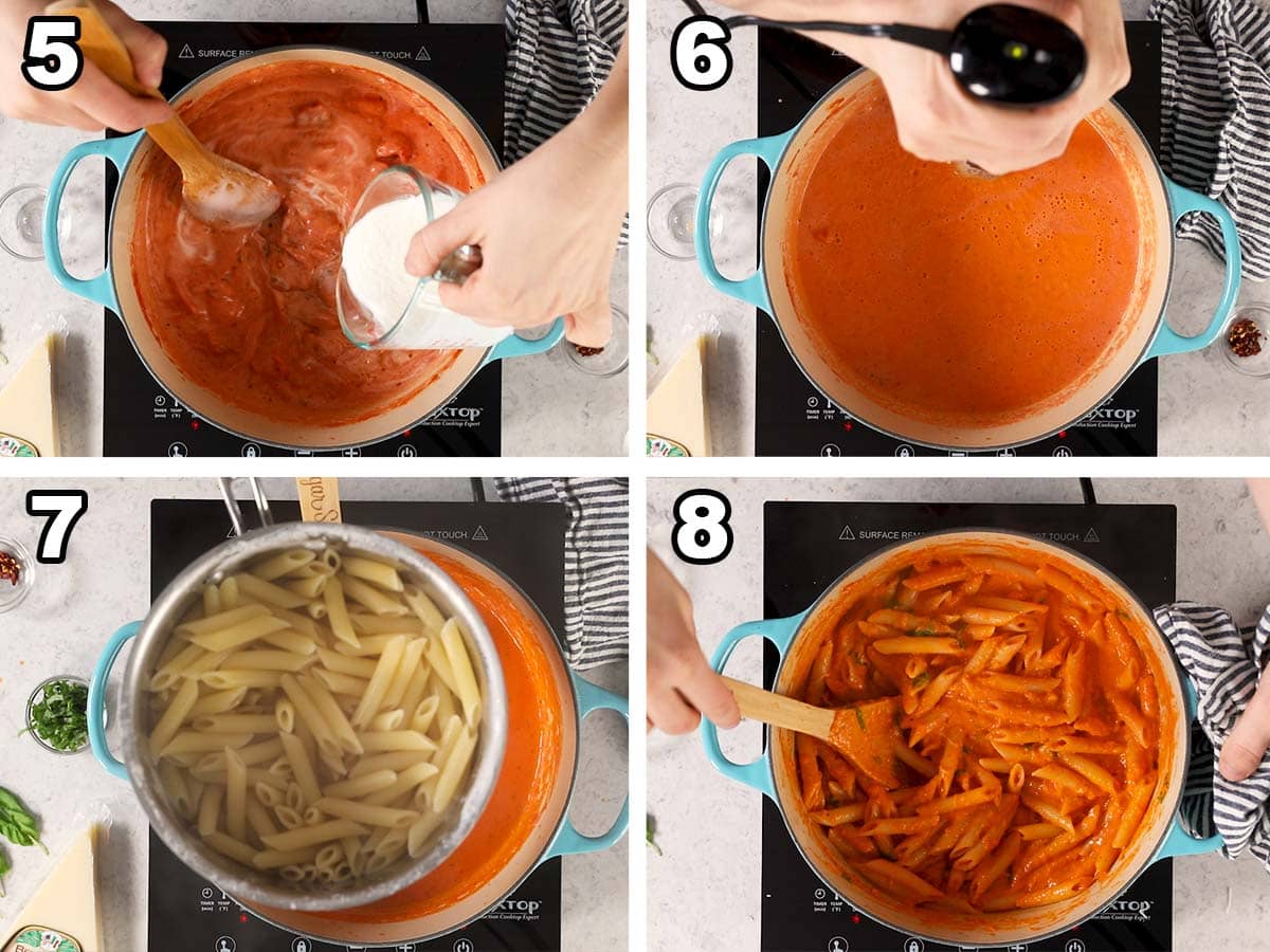 Collage of four photos showing cream being poured into tomato sauce before being blended and combined with penne pasta.