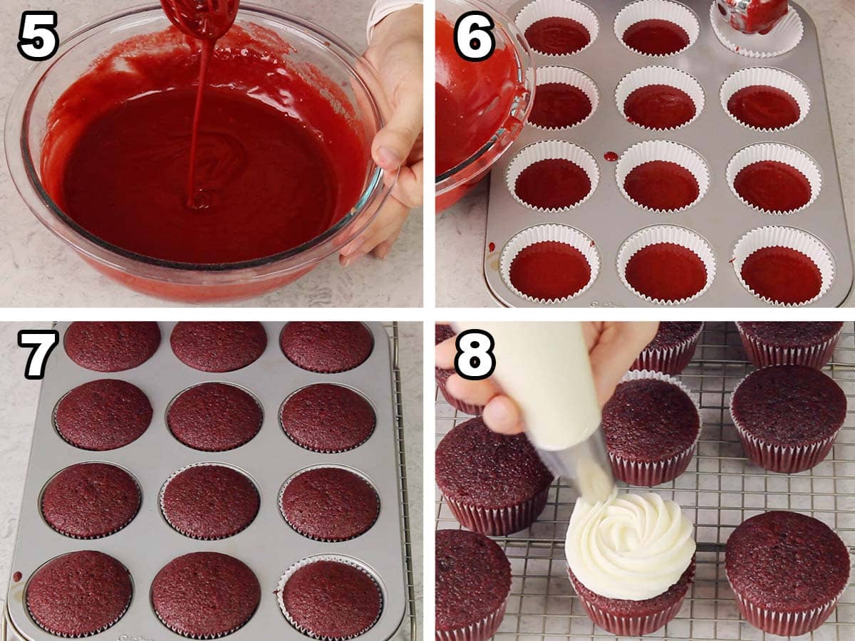 Collage of four photos showing red velvet batter being prepared and poured into cupcake liners before being baked and frosted.
