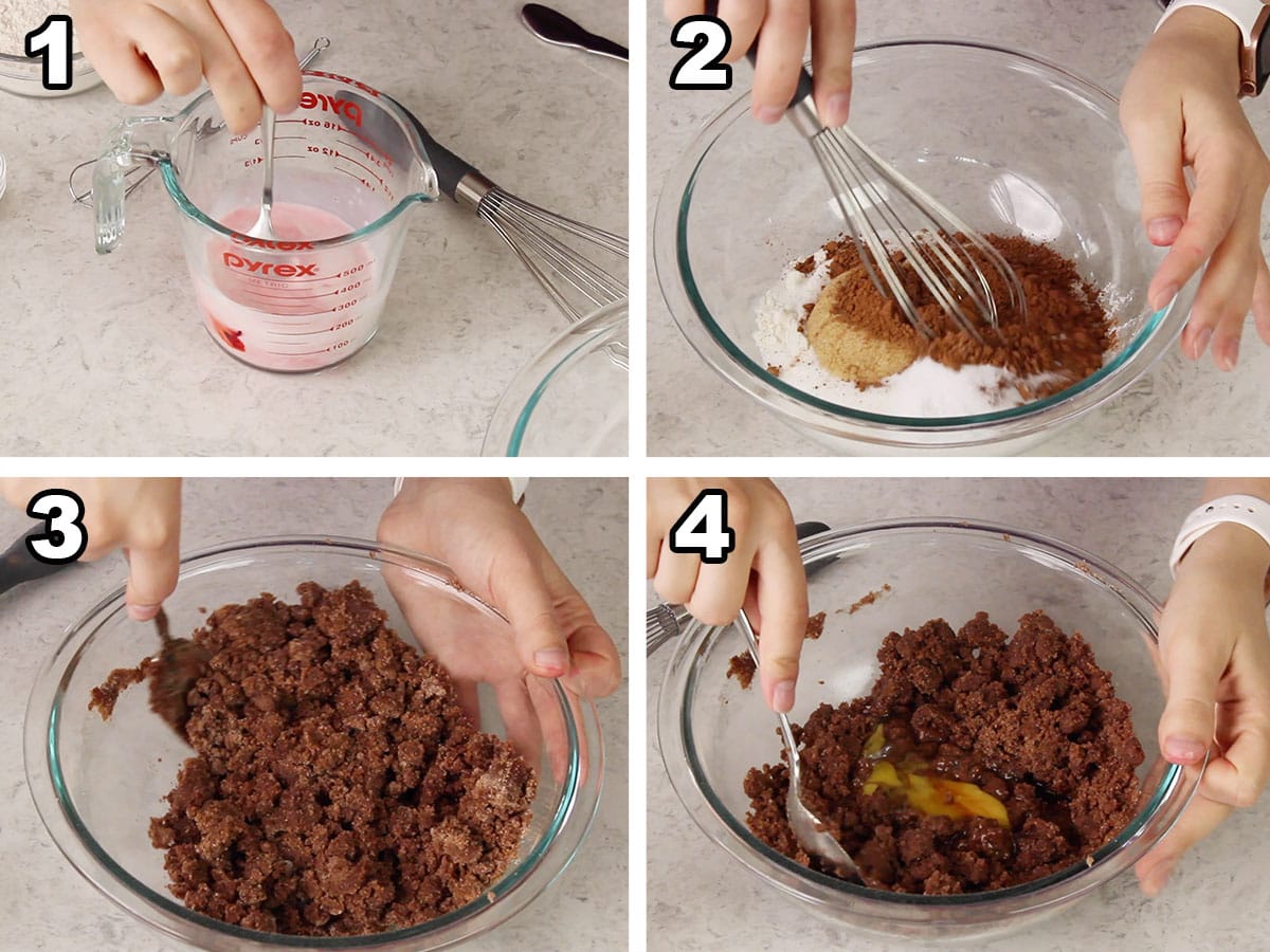 Collage of four photos showing cupcake batter being prepared.