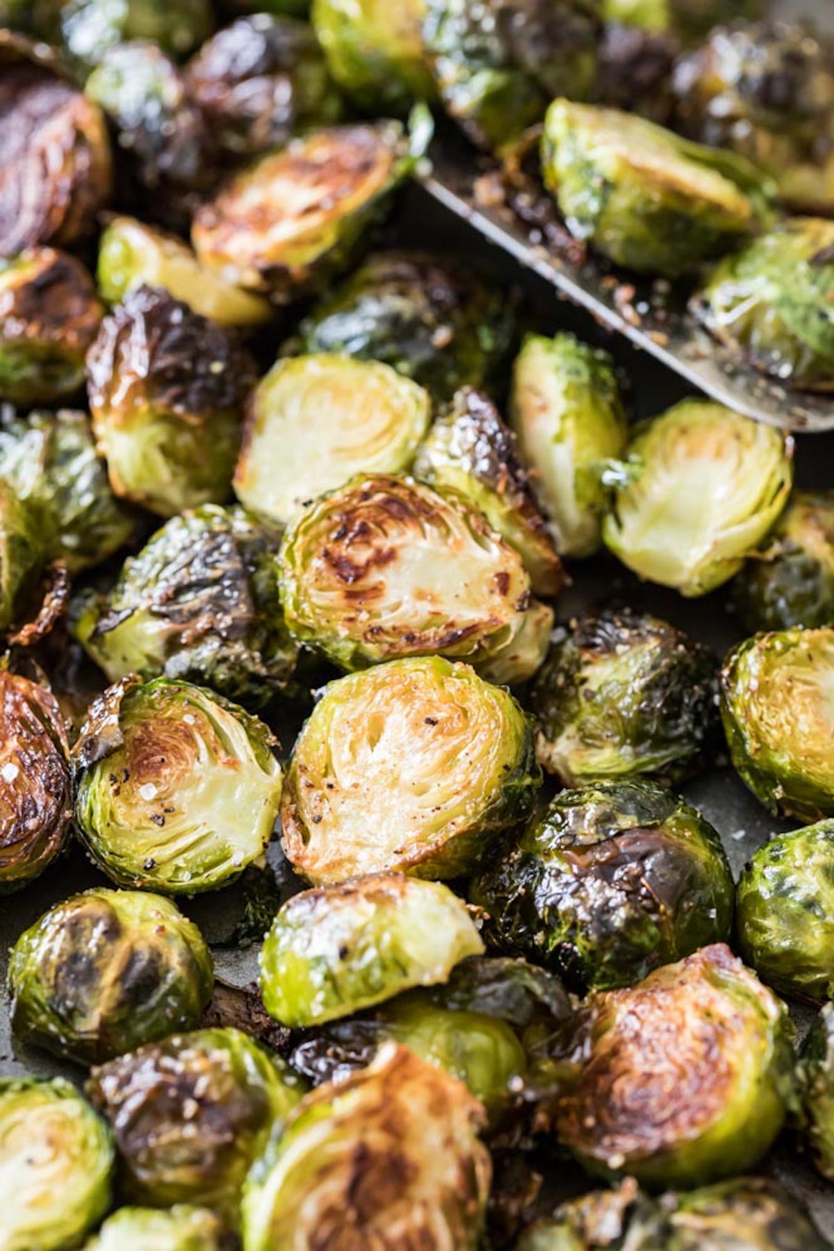 Close-up shot of roasted brussels sprouts.