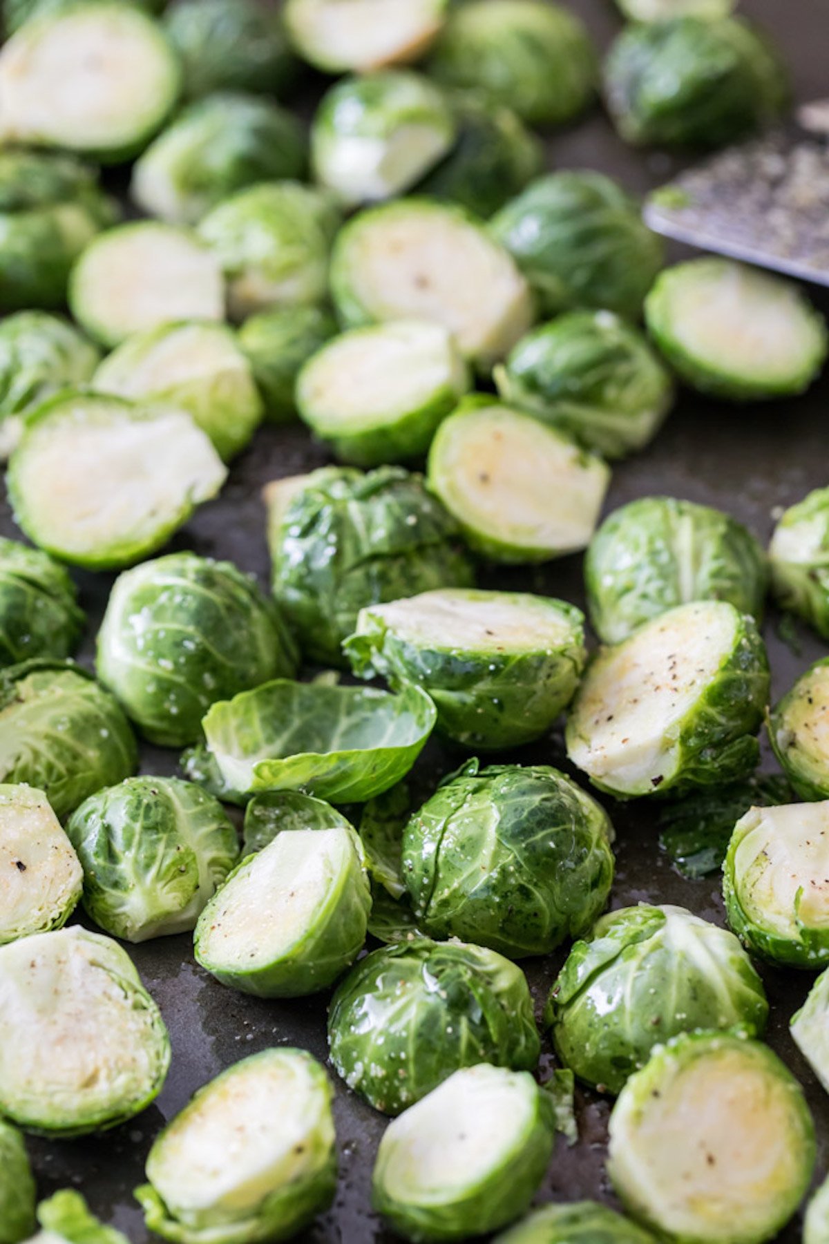 Brussels sprouts after being cut in half.