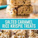 collage of salted caramel rice krispie treats, top image of three treats stacked, bottom image is of multiple squares cut and neatly placed on parchment paper