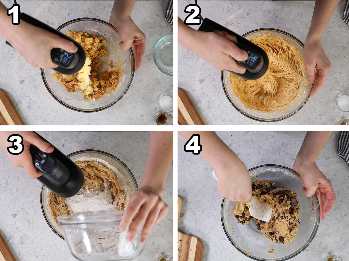 Collage of four photos showing peanut butter cookie dough being prepared and combined with chocolate chunks.