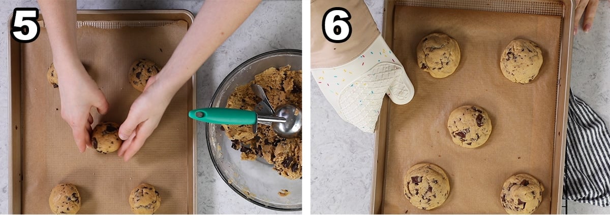 Collage of two photos showing cookie dough being rolled and baked.