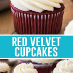collage of red velvet cupcakes, top image of single red cupcake, bottom image of two cupcakes neatly spaced out