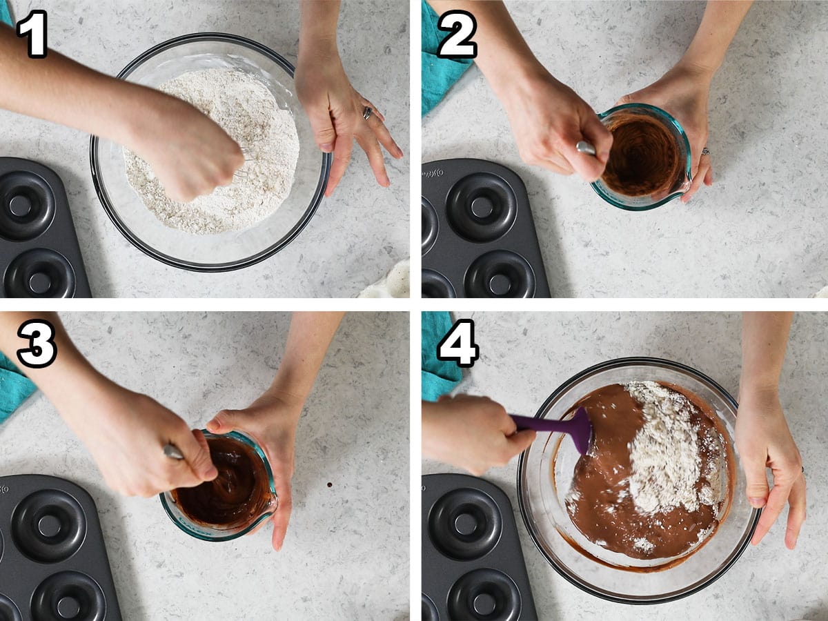 Collage of four photos showing chocolate batter being prepared.