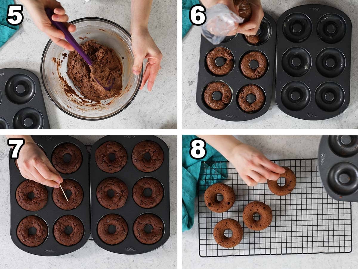 Collage of four photos showing chocolate batter being prepared and piped into a donut pan before baking and cooling.