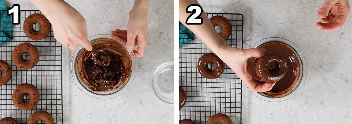 Collage of two photos showing donuts being dipped into a chocolate glaze.