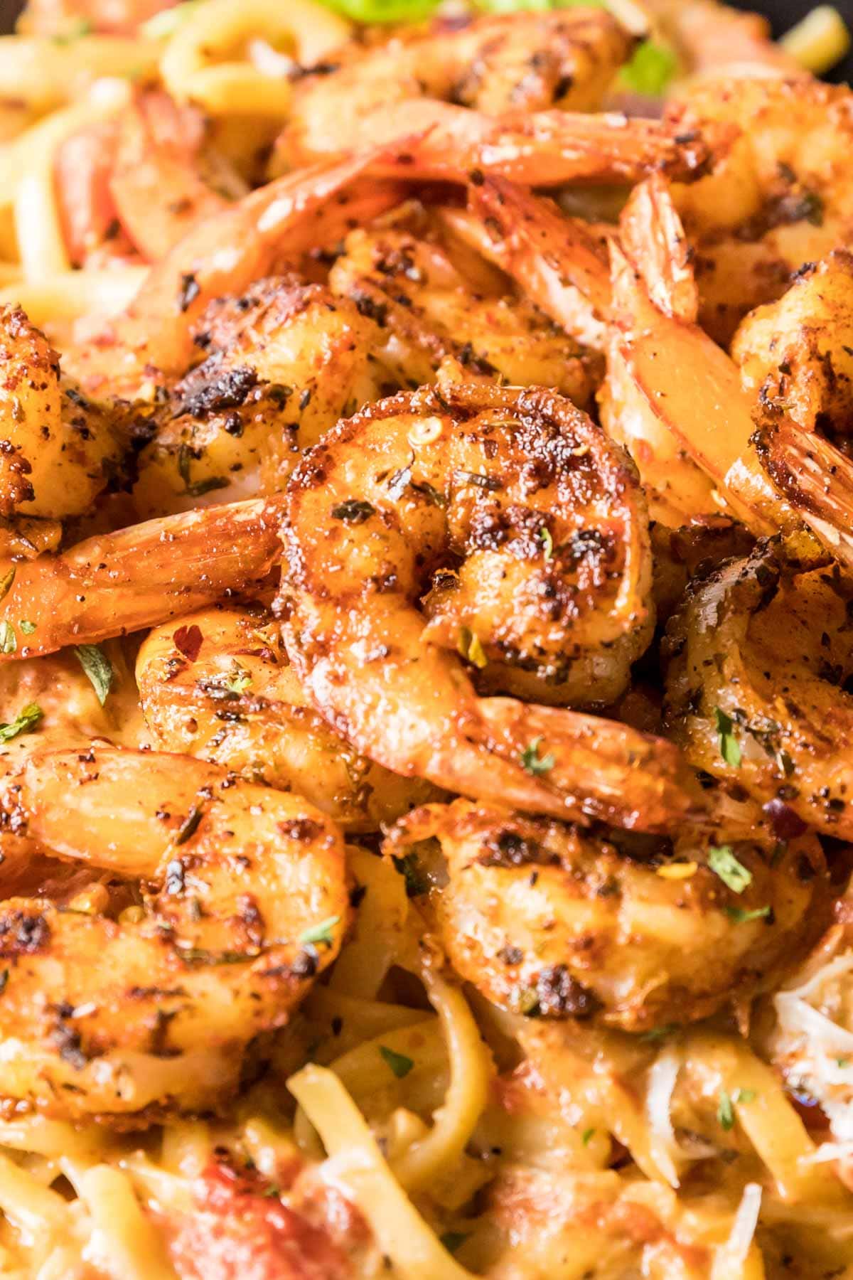 Close-up shot of seasoned shrimp on top of a cajun shrimp pasta.