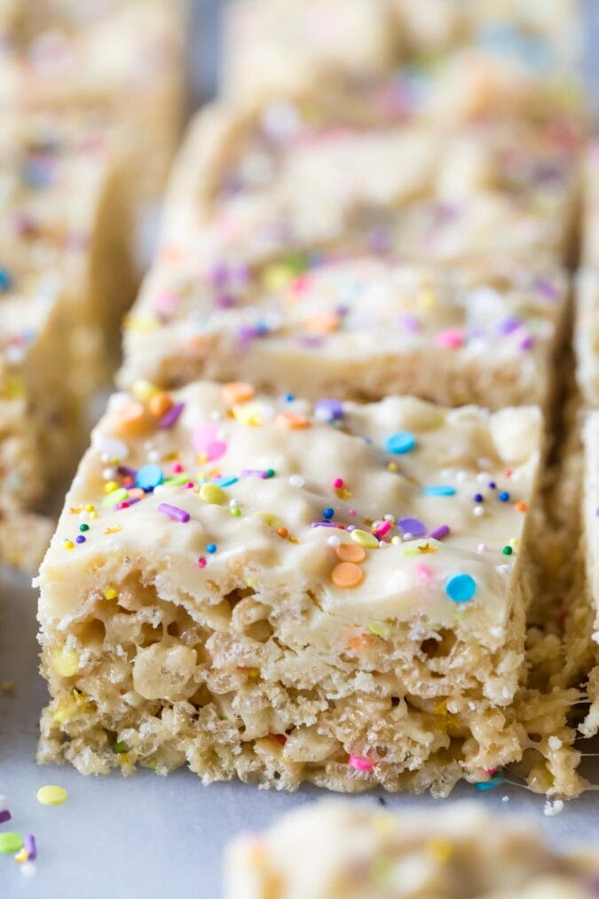Cake Batter Rice Krispie Treats - Sugar Spun Run