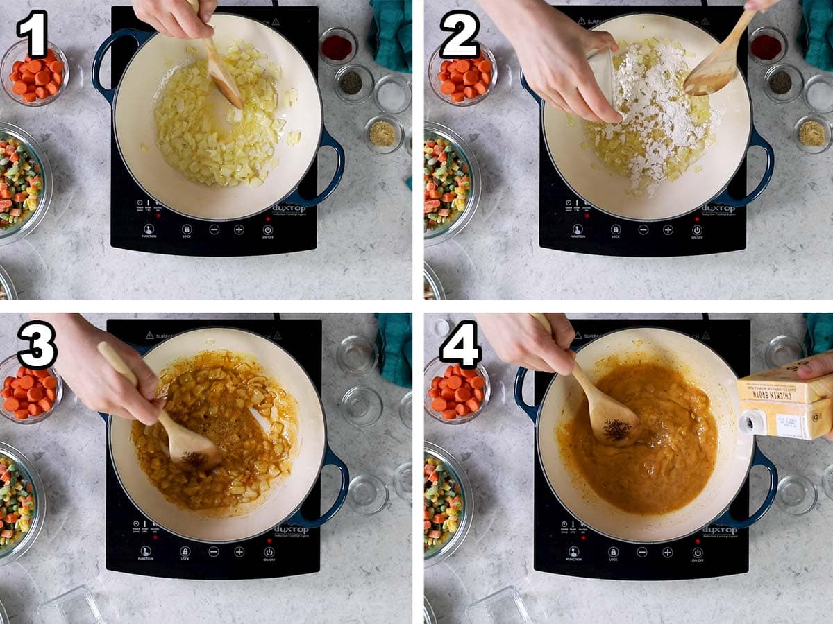 Collage of four photos showing onions being cooked in a roux for soup.