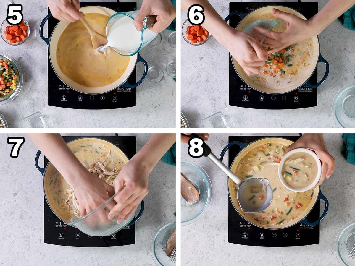 Collage of four photos showing milk being poured into a roux and vegetables and chicken being added to make a soup.