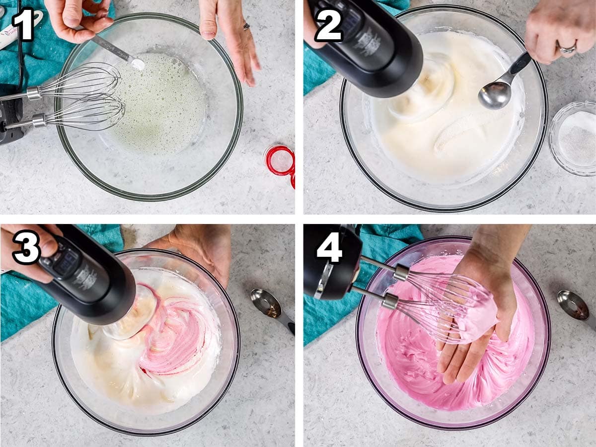 Collage showing the 4 steps to making meringue for French macarons