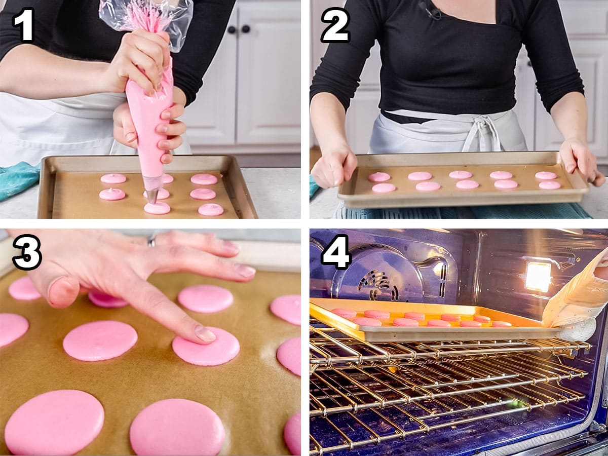 4-image collage showing how to prepare/bake macaron batter