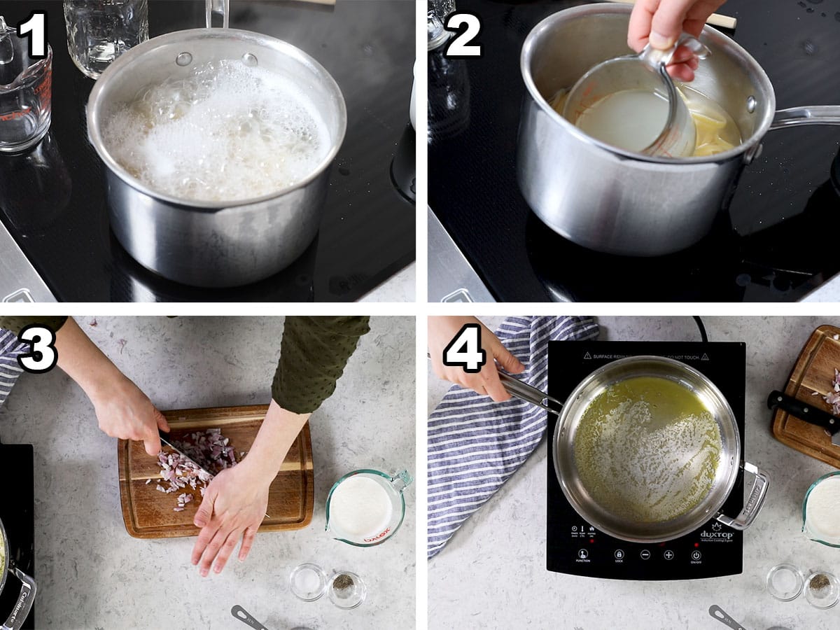 Collage of four photos showing pasta being boiled, water being reserved, a shallot being chopped, and butter being melted with oil.