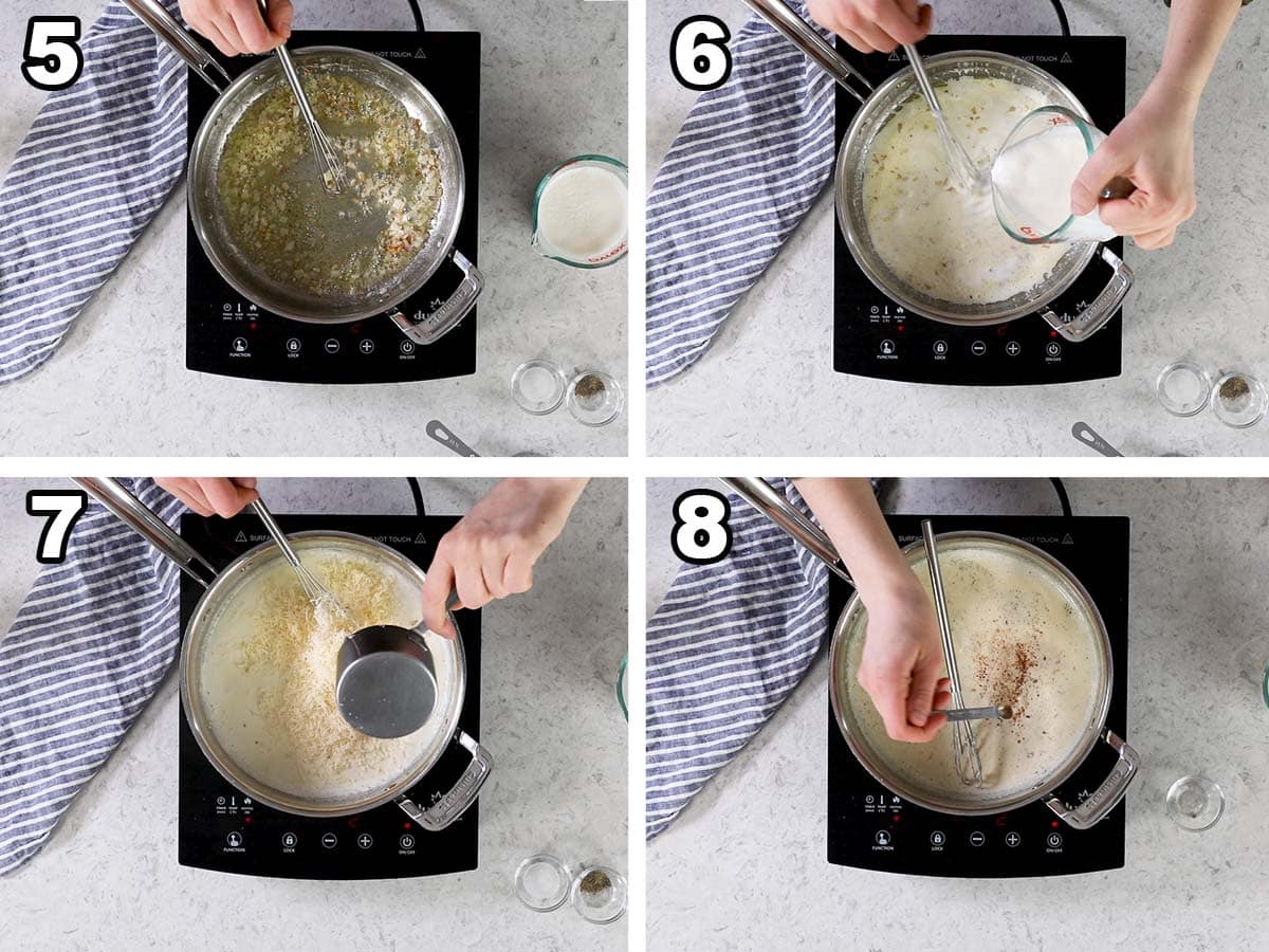 Collage of four photos showing shallot being cooked in butter and oil, and heavy cream, parmesan, and nutmeg being added to make a sauce.