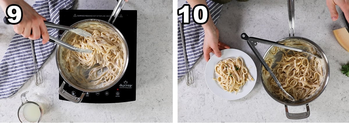 Two photos showing pasta being tossed in alfredo sauce before being served.