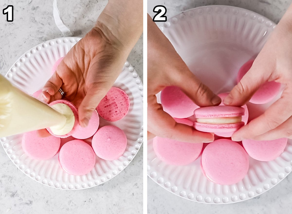 2 picture collage showing 1) piping filling on macaron shell and 2) sandwiching cookies together