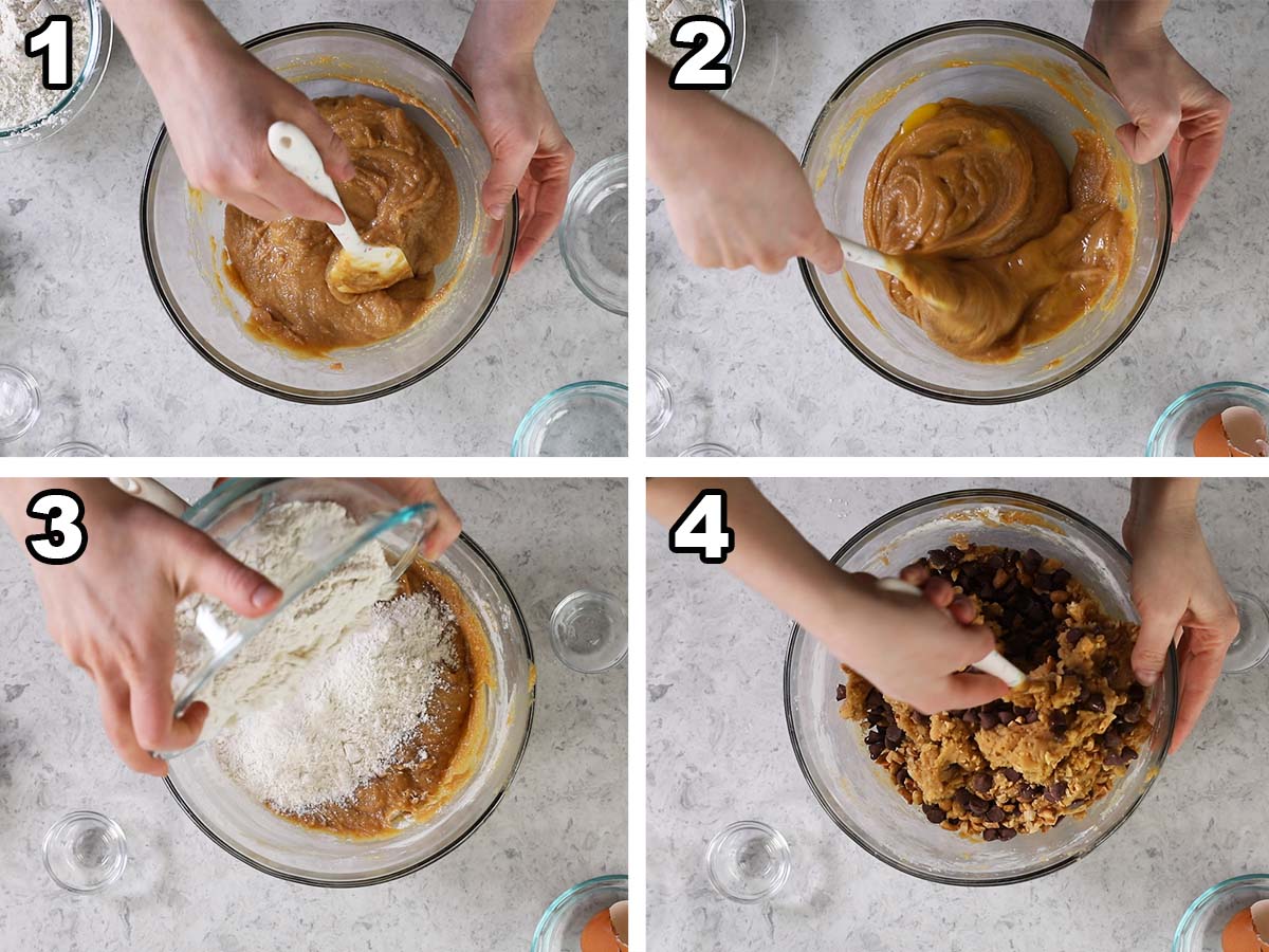 Collage of four photos showing peanut butter cookie dough being prepared.
