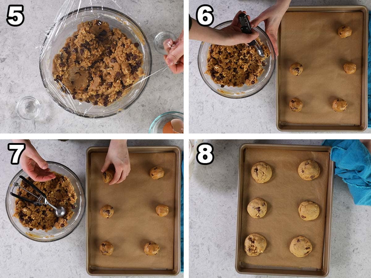 Collage of four photos showing cookie dough being scooped, rolled, and baked.